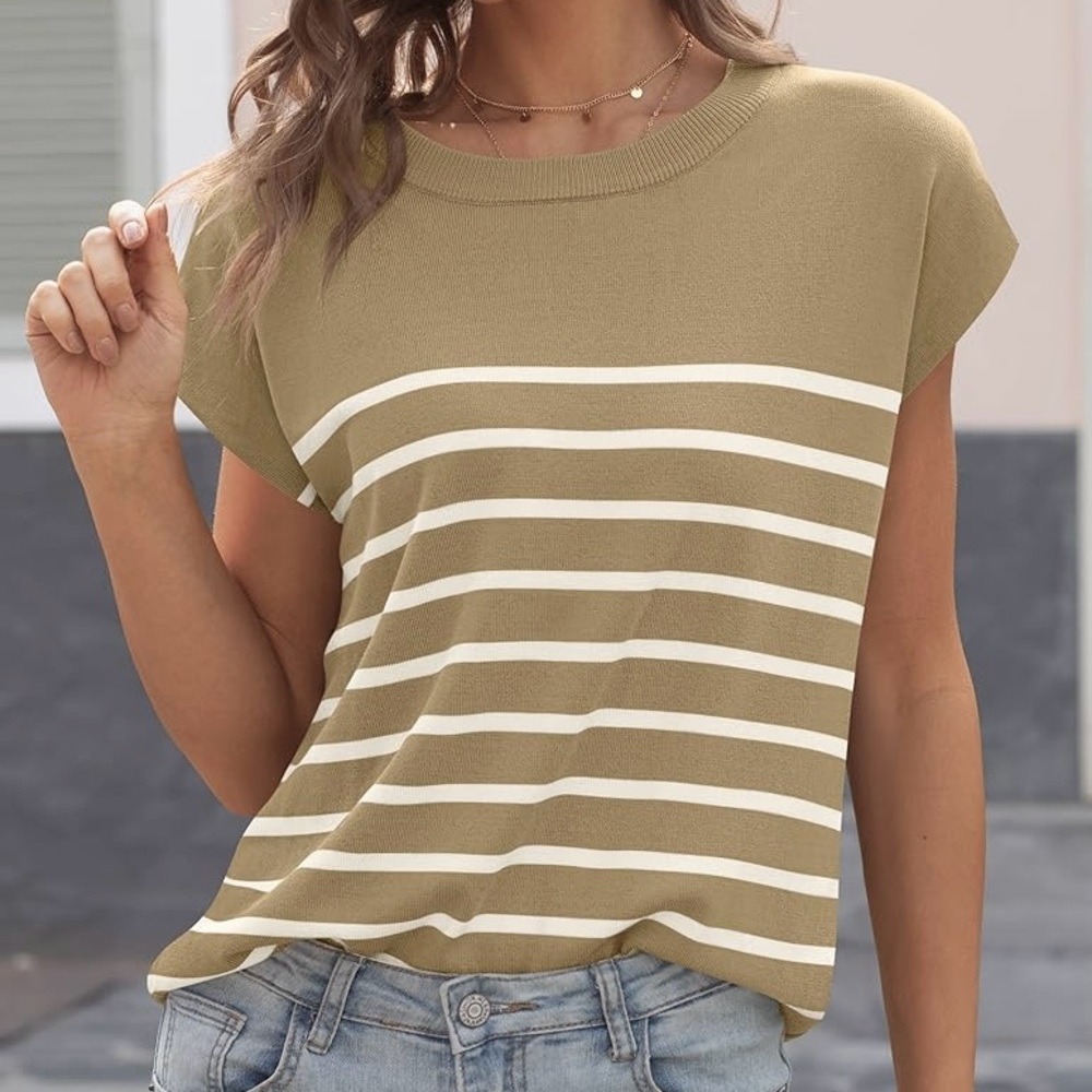 Mirol Striped Tan and White Cap Sleeve Sweater Top - small